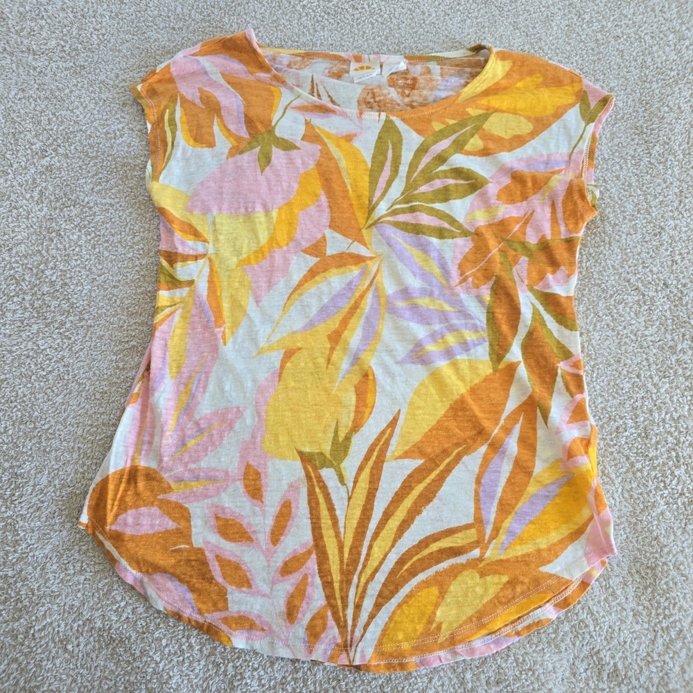 C&C California 100% Linen Cap Sleeve Top Sz S Boho-chic Botanical Resort-wear